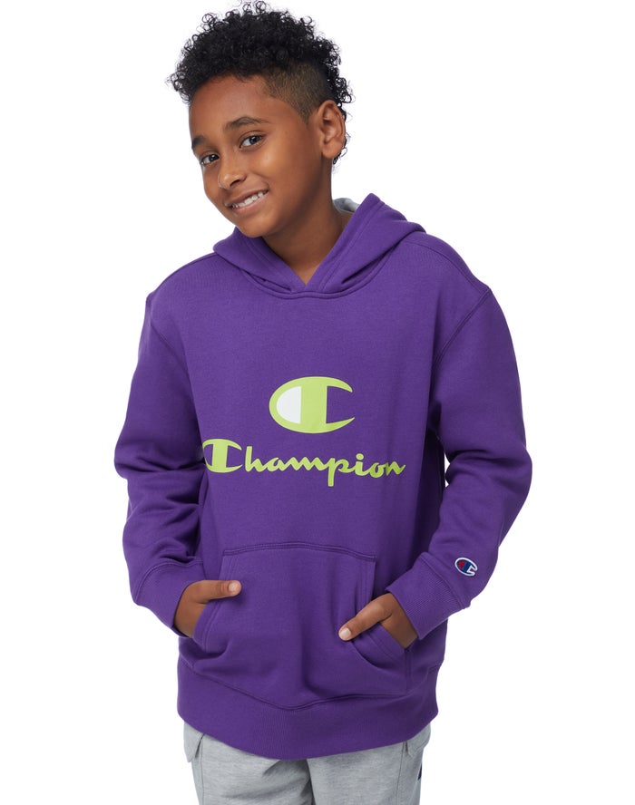 Champion Fleece C + Script Logos Erkek Çocuk Kapşonlu Sweatshirt Mor ( PALGNX430 )